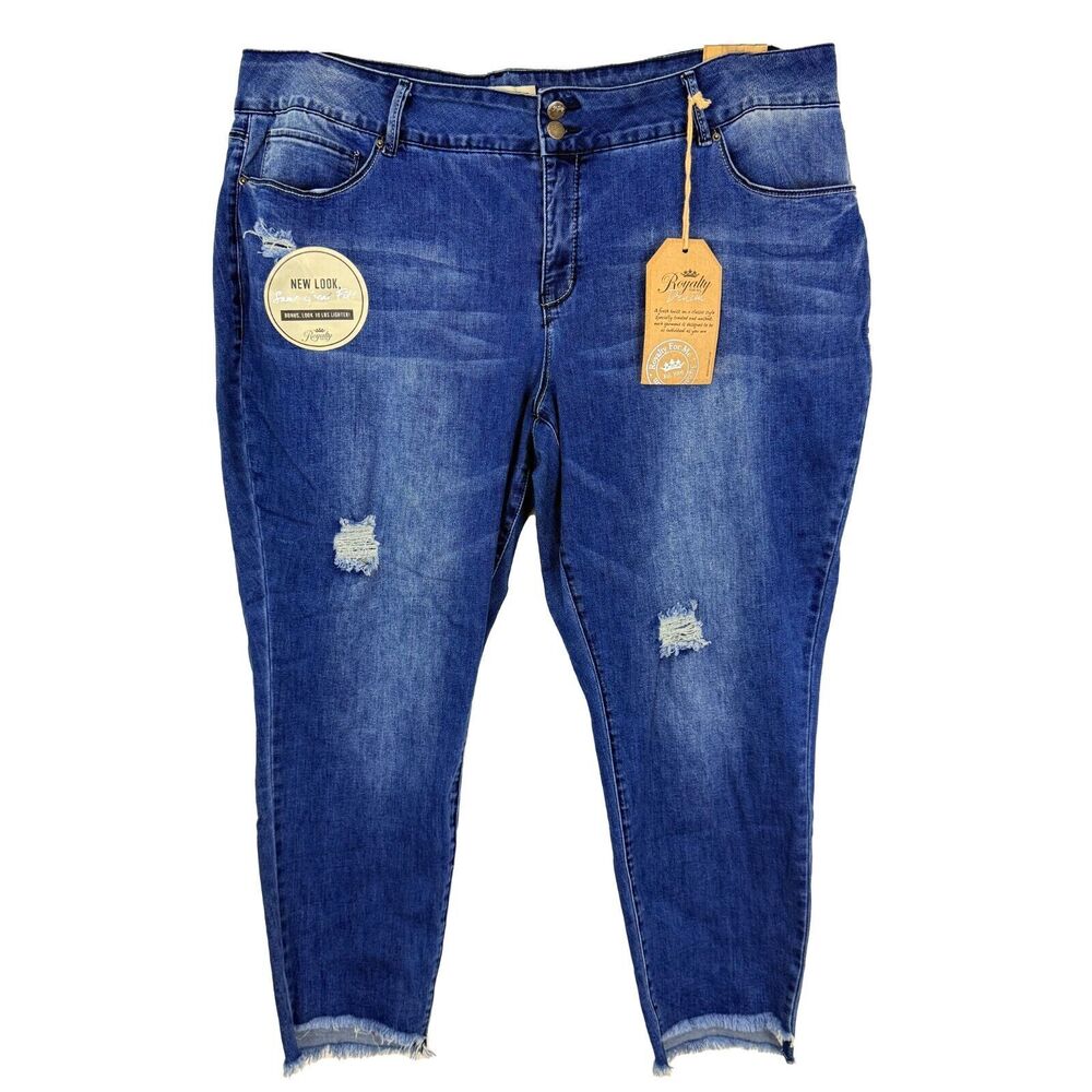 ROYALTY FOR ME Denim Slim Fit Ankle 24W Plus Distressed Raw Hem Dark Blue B68